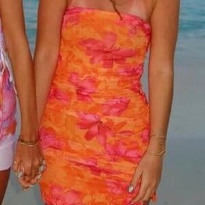 Edikted Strapless Floral Mini Dress - Orange and Pink